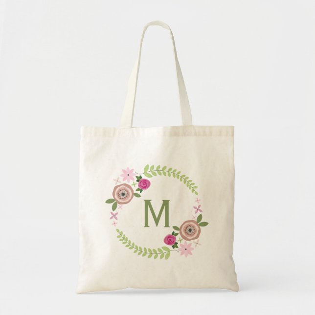 Floral Wreath Monogram Tote Bag (Front)