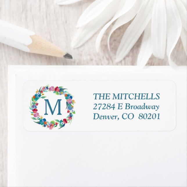 Floral Wreath Monogramme Adresse de retour (En situation)