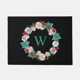 Floral Wreath Monogrammed Black Doormat