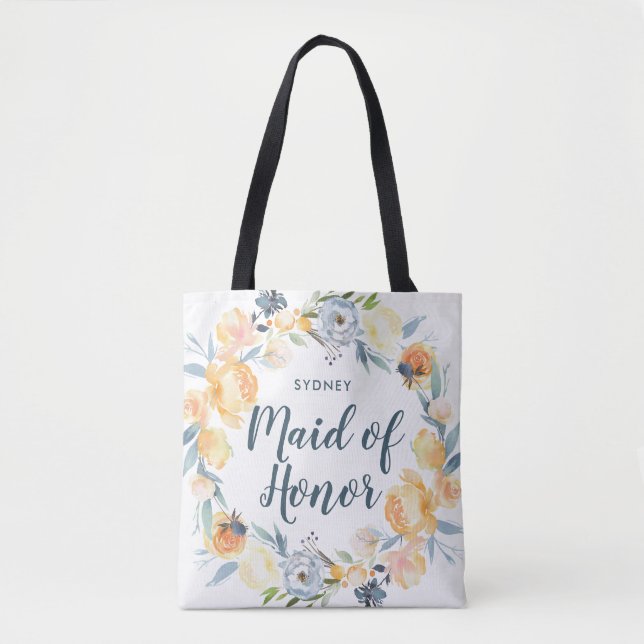 Floral Wreath Monogrammed Maid of Honour Tote Bag (Front)