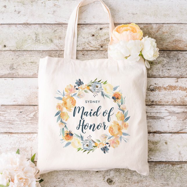 Floral Wreath Monogrammed Maid of Honour Tote Bag (Creator Uploaded)