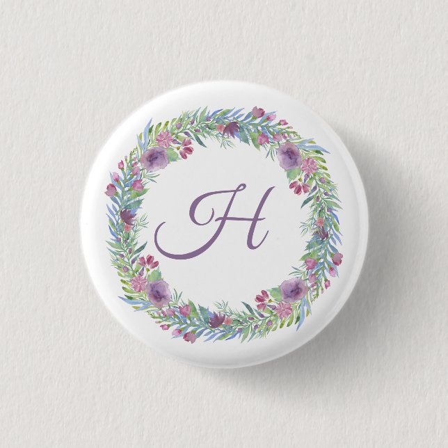 Floral Wreath Monogrammed Personalized 1 Inch Round Button (Front)