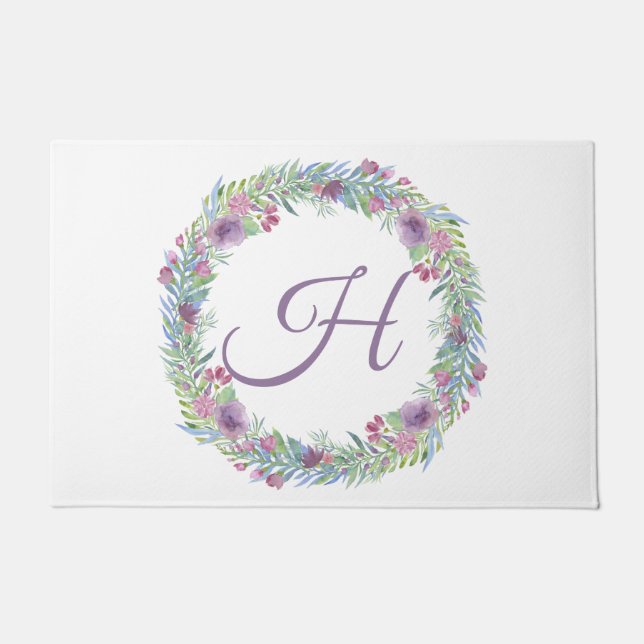 Floral Wreath Monogrammed Personalized Doormat (Front)