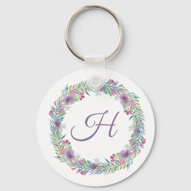 Floral Wreath Monogrammed Personalized Keychain (Front)