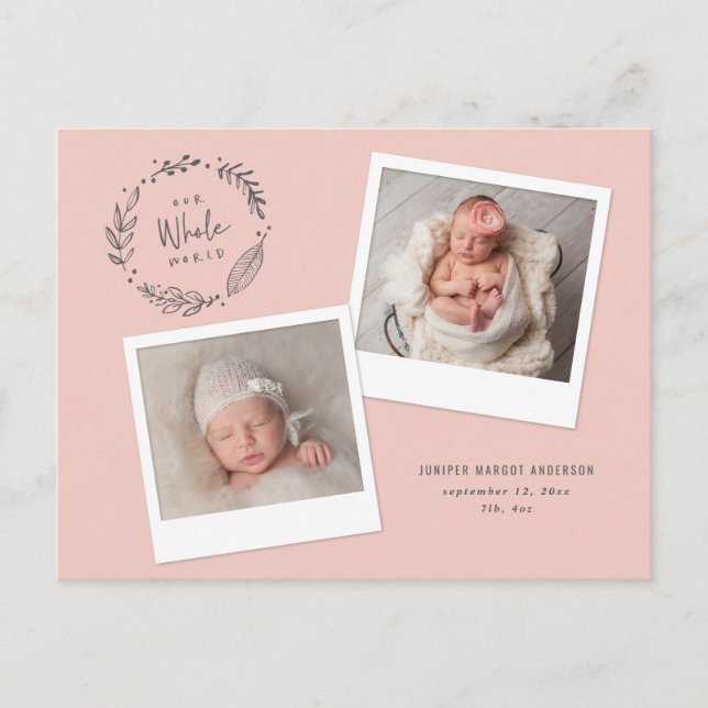 Floral wreath multi photo birth announcement postcard (Front)