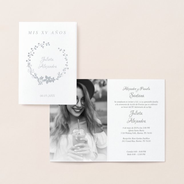 Floral Wreath Name and Photo for Quinceañera Foil Card (Display)