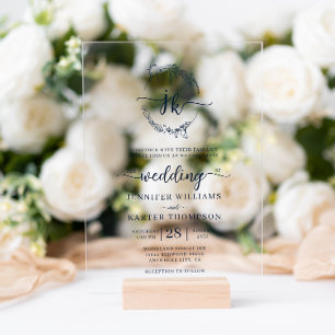 Floral Wreath Navy Blue Monogram Photo Wedding Acrylic Invitations