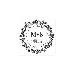Floral Wreath Newly Weds Initials Return Address Rubber Stamp