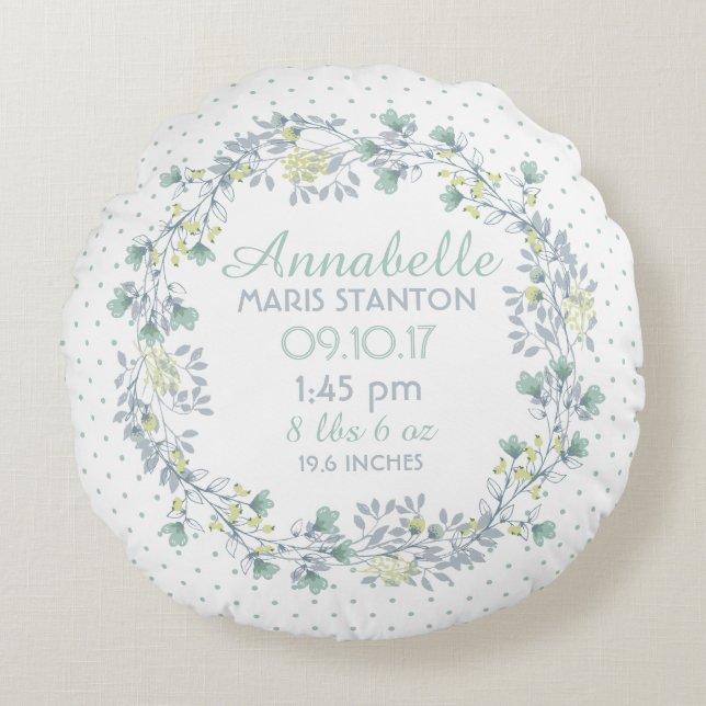 Floral Wreath Nursery Keepsake Round Pillow (Front)