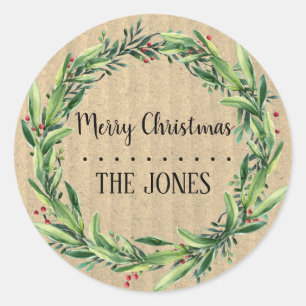 Floral Wreath Personalized Christmas Classic Round Sticker