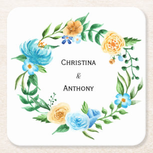 Floral Wreath   Personalized Wedding Square Paper Coaster