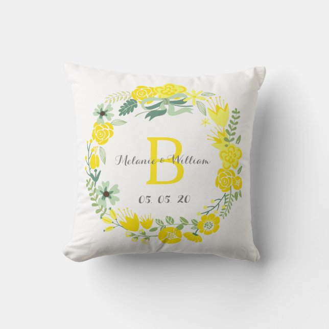Floral Wreath Personalized Wedding Throw Pillow (Front)