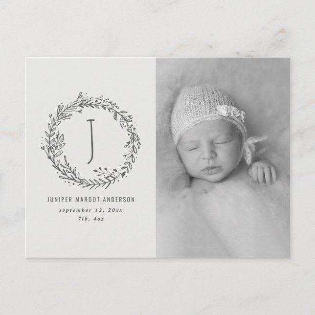 Floral wreath photo birth announcement postcard (Front)