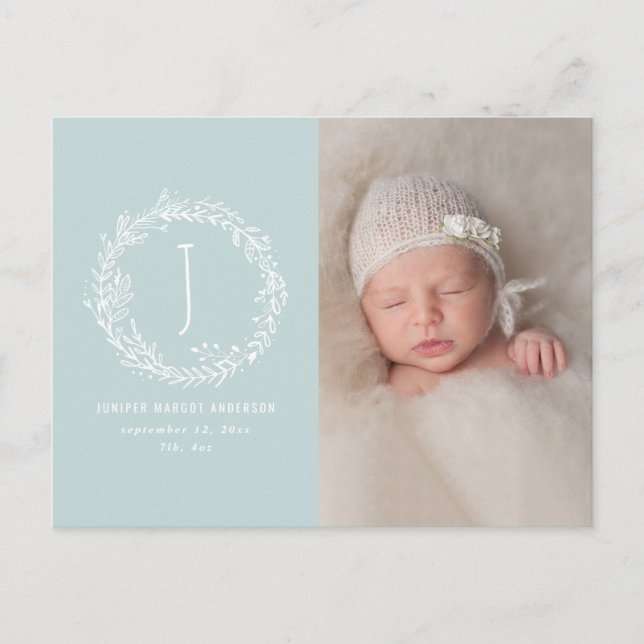 Floral wreath photo birth announcement postcard (Front)