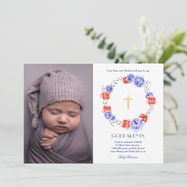 Floral Wreath Photo Godparents Proposal Card (Standing Front)