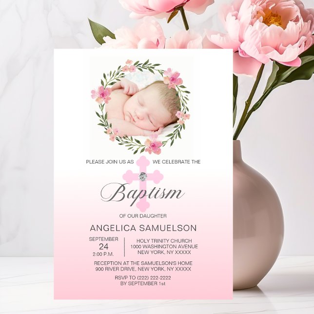 Floral Wreath Pink BAPTISM GIRL | PHOTO Invitation (Floral Wreath Pink BAPTISM GIRL  PHOTO Invitation)