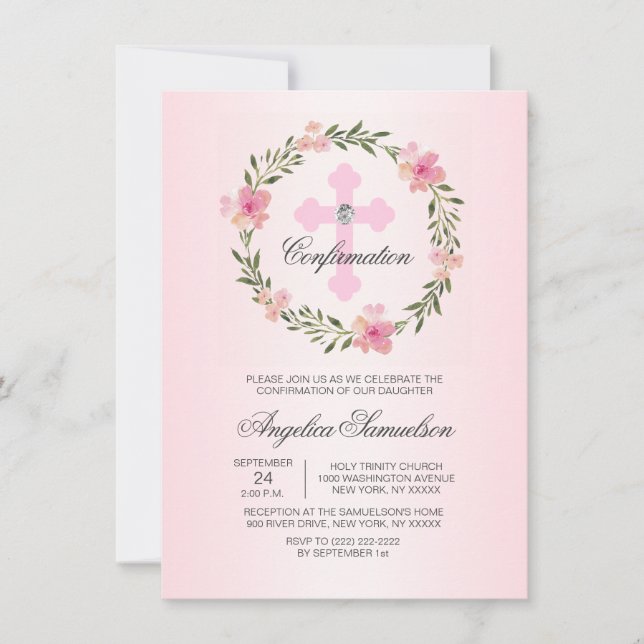 Floral Wreath Pink Confirmation Ceremony GIRL Invitation (Front)