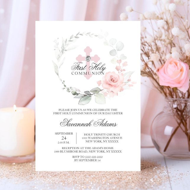 Floral Wreath Pink First Holy Communion GIRL Invitation (Floral Wreath Pink First Holy Communion GIRL Invitation)