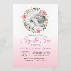 Floral Wreath Pink SIP & SEE Girl   PHOTO Invitation