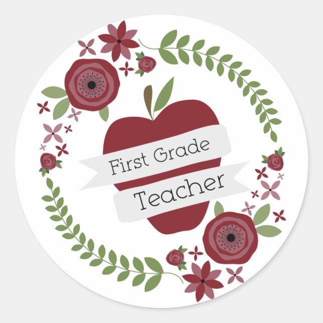 Floral Wreath Red Apple First Grade Teacher Classic Round Sticker (Front)