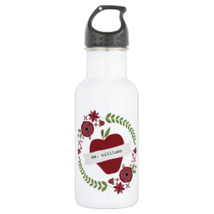 Floral Wreath Red Apple Personalized Teacher 532 Ml Water Bottle