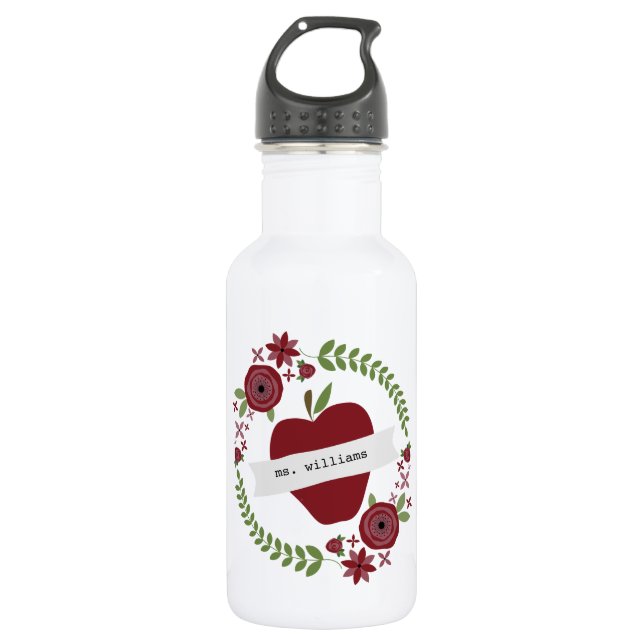 Floral Wreath Red Apple Personalized Teacher 532 Ml Water Bottle (Front)