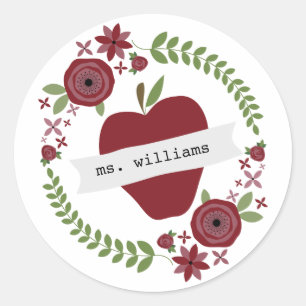 Floral Wreath Red Apple Personalized Teacher Classic Round Sticker
