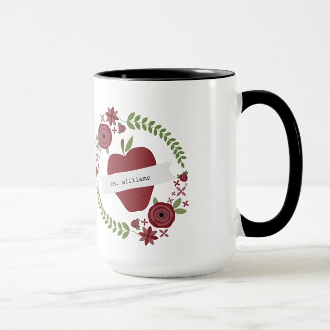 Floral Wreath Red Apple Personalized Teacher Mug (Right)