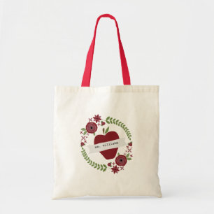Floral Wreath Red Apple Personalized Teacher Tote Bag
