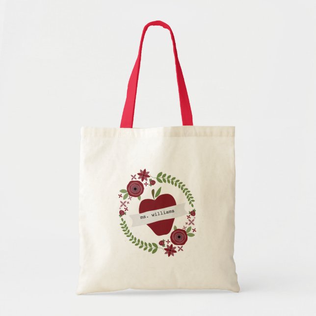 Floral Wreath Red Apple Personalized Teacher Tote Bag (Front)