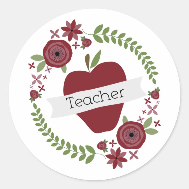 Floral Wreath & Red Apple Teacher Classic Round Sticker (Front)