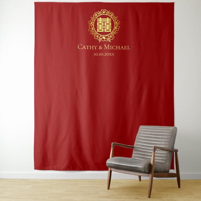 Floral wreath red Chinese wedding photo backdrop Tapestry (In Situ)