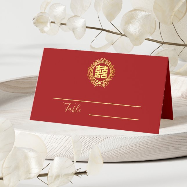Floral wreath red double happiness Chinese wedding Place Card (Creator Uploaded)