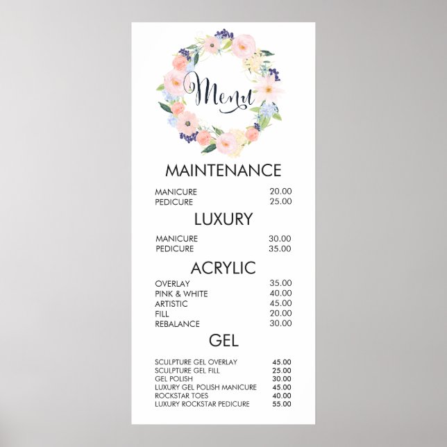 Floral Wreath Salon Menu Price List Wall Poster (Front)