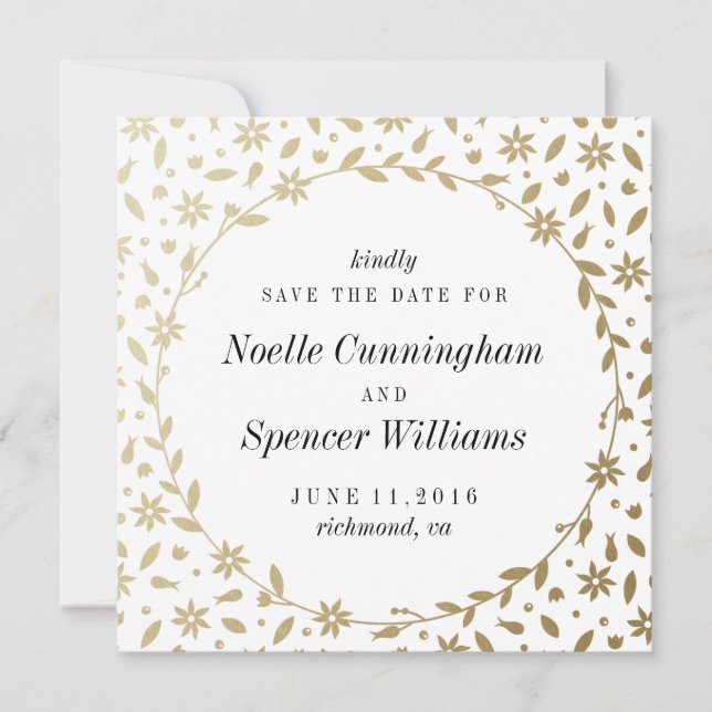 Floral Wreath Save the Date Card in Gold Foil (Front)