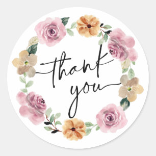 Floral Wreath Script Thank You Classic Round Sticker