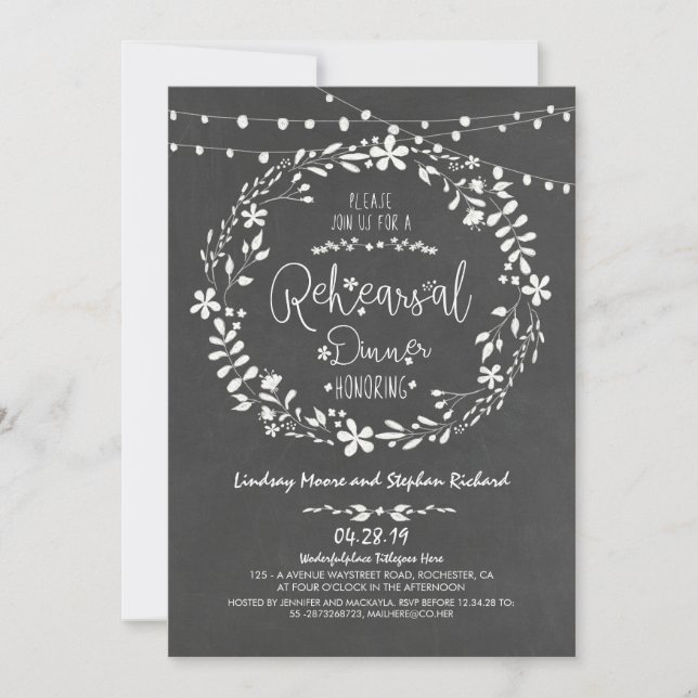 Floral Wreath String Lights Rehearsal Dinner Invitation (Front)