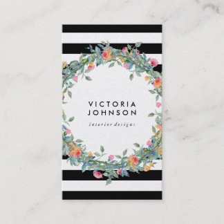 Floral wreath stripes circle frame business card