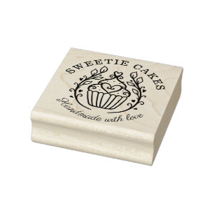 Floral Wreath Style Bakery Cupcake & Heart Logo Rubber Stamp