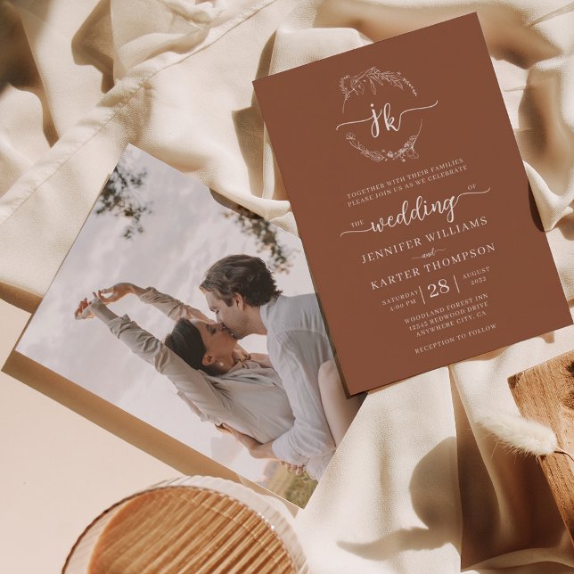 Floral Wreath Terracotta Monogram Photo Wedding  Invitation (Creator Uploaded)