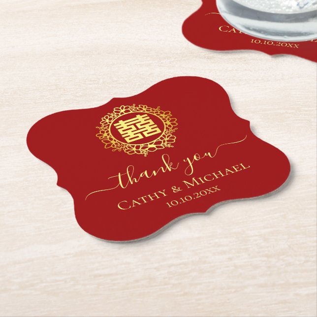 Floral wreath thank you red Chinese wedding Paper Coaster (Angled)