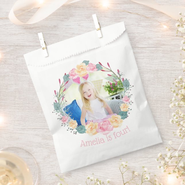 Floral Wreath unicorn Birthday Party Custom Photo Favour Bag (Clipped)