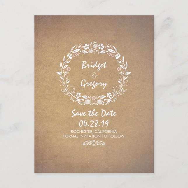 Floral Wreath Vintage Save The Date Postcards (Front)
