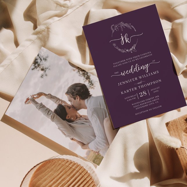 Floral Wreath Violet Monogram Photo Wedding  Invitation (Creator Uploaded)