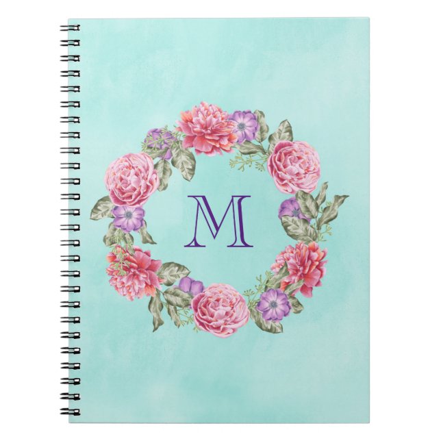 Floral Wreath Watercolor Flowers Custom Monogram Notebook (Front)