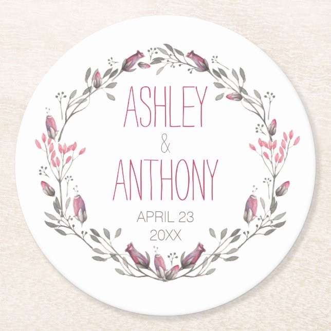 Floral Wreath Watercolor Wedding Round Paper Coaster (Front)
