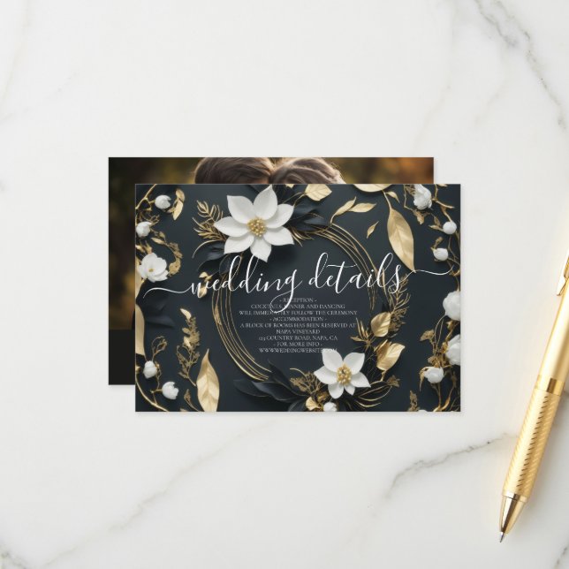 Floral Wreath Wedding Information Details Photo Enclosure Card (Front/Back In Situ)