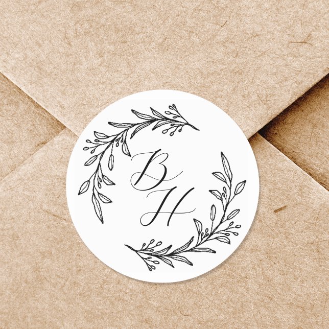 Floral Wreath Wedding Initial Monogram Classic Round Sticker (Creator Uploaded)