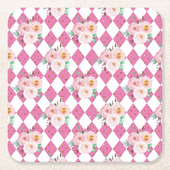 Floral Wreath Wedding Invitation Square Paper Coaster (Front)