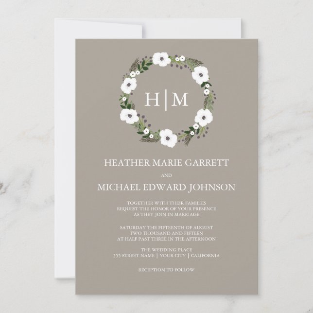 Floral wreath wedding invitation - taupe (Front)